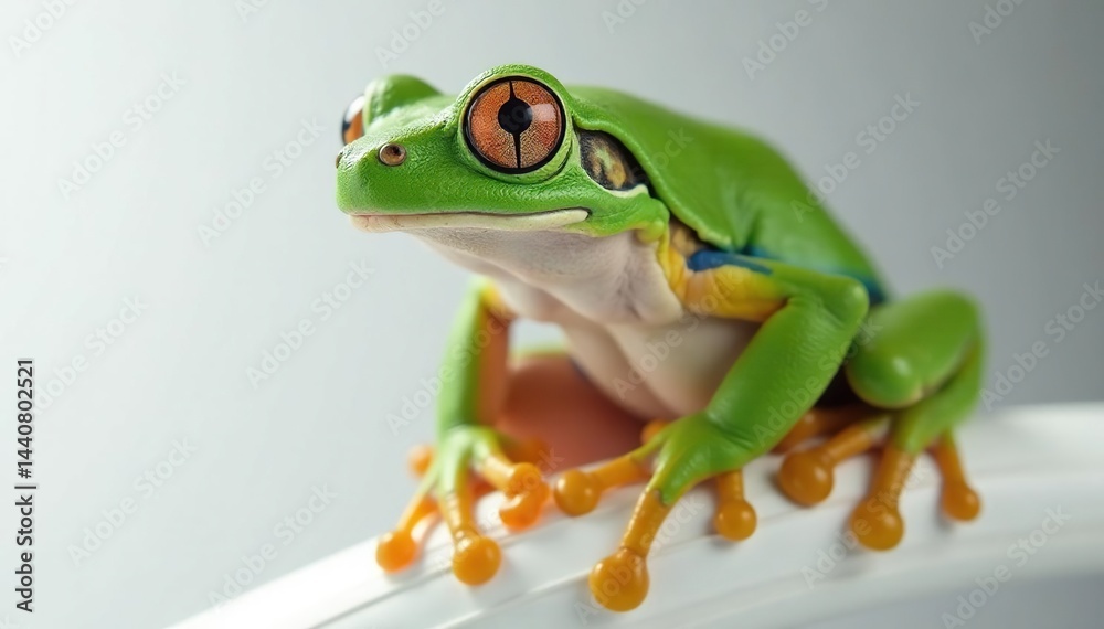 Obraz premium Green tree frog perched on white, vibrant skin, amphibian, biology
