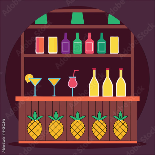 Bar in the Night: A stylized bar scene featuring an array of colorful bottles and glasses with inviting cocktails, creating a warm ambiance for an evening of relaxed enjoyment.