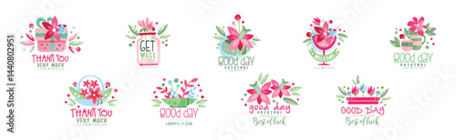 Thank You, Good Day, Get Well Flower Logo Design Vector Set