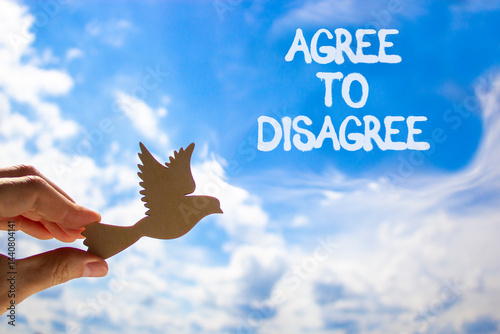Agree to disagree symbol. Concept words Agree to disagree. Beautiful blue sky clouds background. Businessman hand, wooden birds. Business and agree to disagree concept. Copy space.