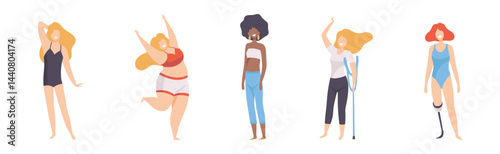 Pretty Body Positive Woman in Standing Pose Vector Set