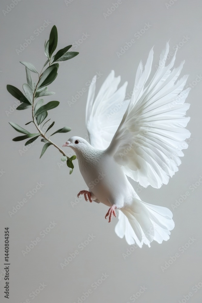 Obraz premium Graceful white dove carrying an olive branch symbolizing peace and hope against a soft grey background capturing a serene and hopeful mood perfect for stock photography
