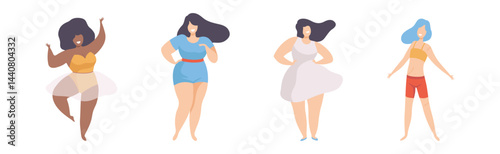 Pretty Body Positive Woman in Standing Pose Vector Set