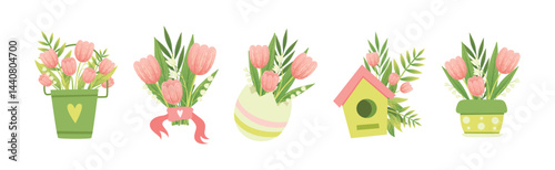 Spring Flower and Blooming Garden Flora Composition Vector Set