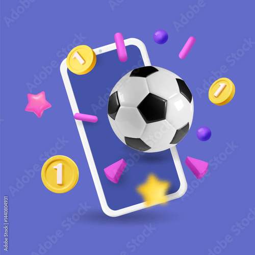 Mobile application for sports betting. football ball and coins on mobile phone scree Soccer ball icon and money banner. Online betting win vector illustration