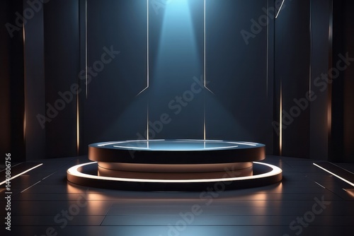 Futuristic dark podium with light and reflection background