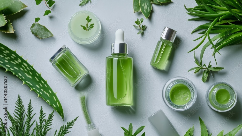 Green botanical skincare products with aloe and essential oils on white background Green botanical skincare products with aloe and essential oils on white background