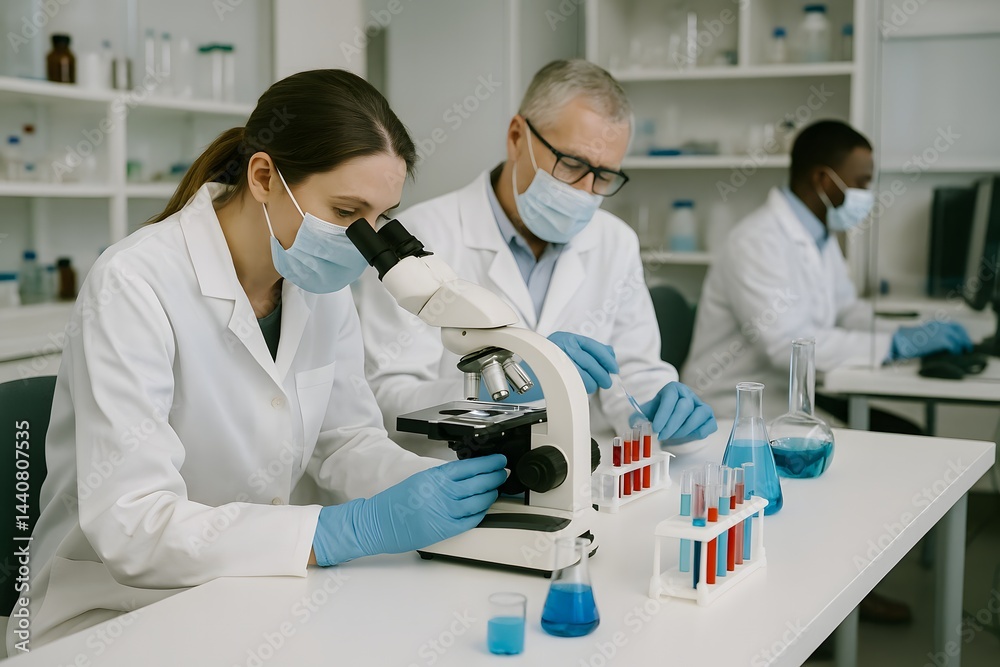 Scientists Conducting Laboratory Research with Microscope and Chemical Samples, Scientific Experimentation Concept Scientists Conducting Laboratory Research with Microscope and Chemical Samples, Scientific Experimentation Concept