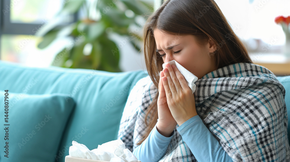Young woman blowing nose while sick on cozy teal sofa.