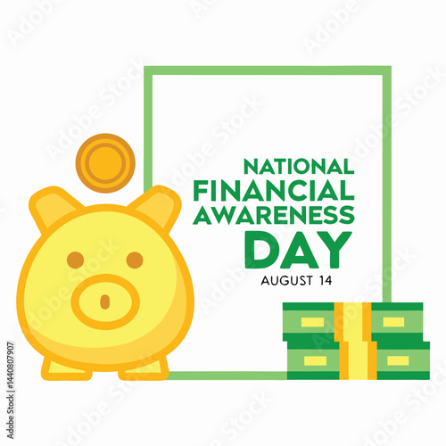 Financial Awareness Day: A vivid illustration promoting financial literacy, featuring a piggy bank, a coin, and a stack of currency against a simple backdrop.
