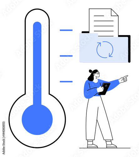 Thermometer with a blue gradient, document with refresh icon, and a woman pointing while holding a tablet. Ideal for data visualization, training, statistics, education, research, climate simple