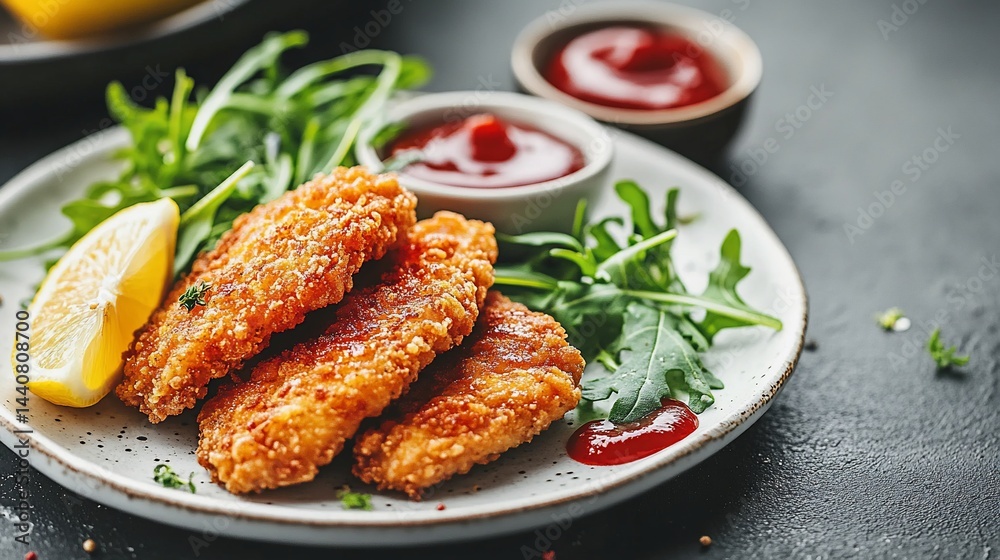 Fried fish served with green leaves, fresh lemon, and ketchup on a grey plate Fried fish served with green leaves, fresh lemon, and ketchup on a grey plate