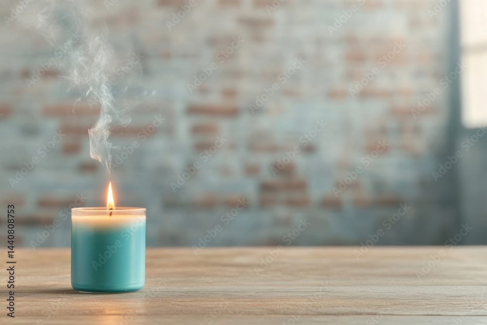 Candle burns softly in tranquil room with rustic brick wall and gentle smoke rising into the air