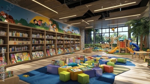 Children's section in a public library with low shelves and colorful book covers