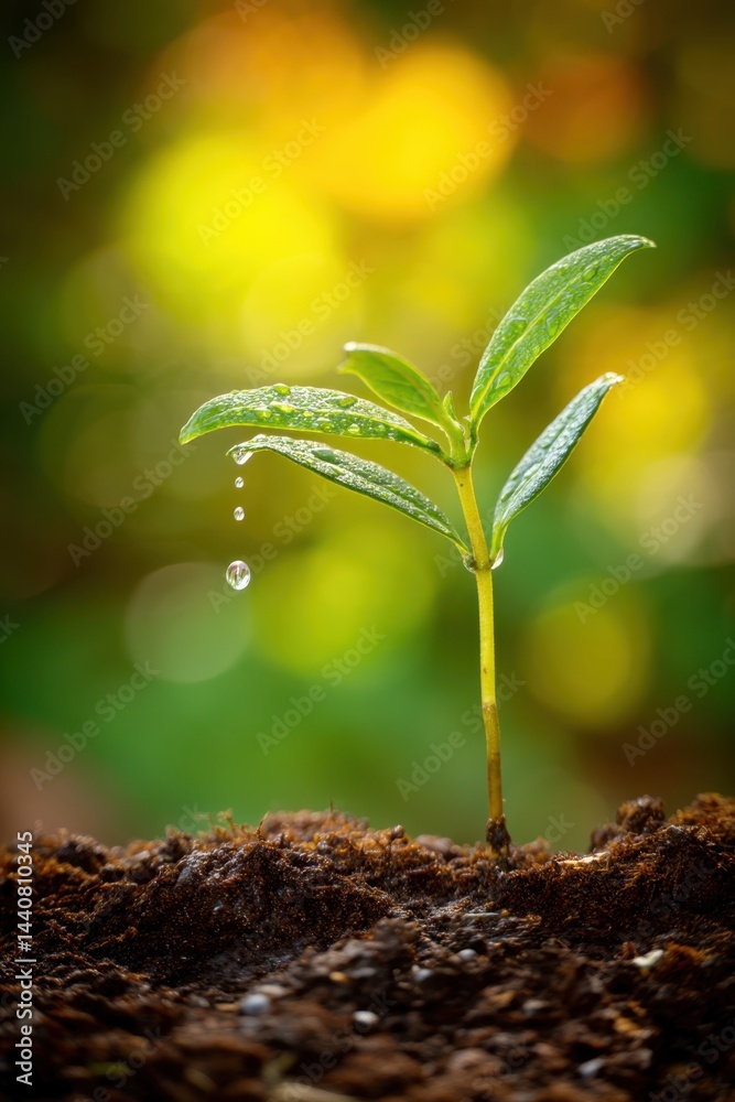 Young plant sprouting from soil with water droplets glistening in the sunlight against a blurred nature background symbolizing growth and new beginnings