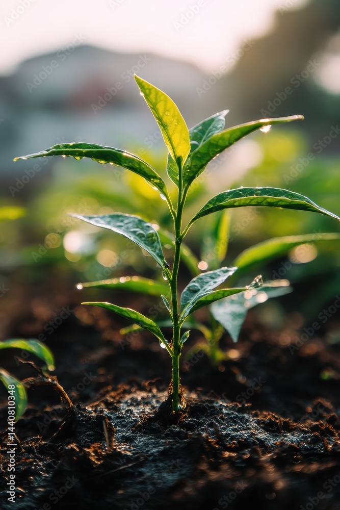 Close up of a vibrant green seedling emerging from dark soil bathed in soft sunlight symbolizing growth and renewal in a natural environment with water droplets