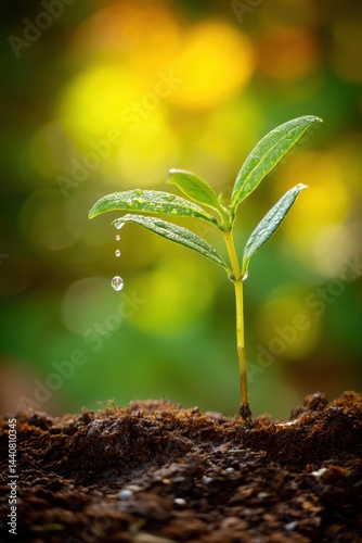 Obraz na płótnie Young plant sprouting from soil with water droplets glistening in the sunlight against a blurred nature background symbolizing growth and new beginnings w salonie