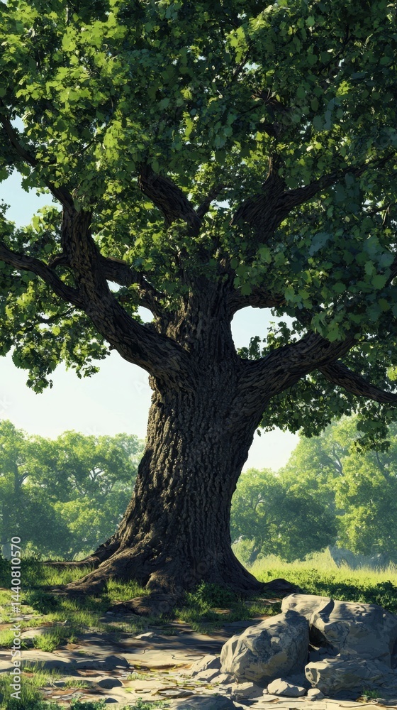 Majestic oak tree with lush green leaves standing tall in a serene forest landscape with soft sunlight and natural beauty evoking tranquility and peace