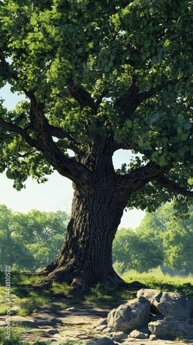 Obraz na płótnie Majestic oak tree with lush green leaves standing tall in a serene forest landscape with soft sunlight and natural beauty evoking tranquility and peace w salonie