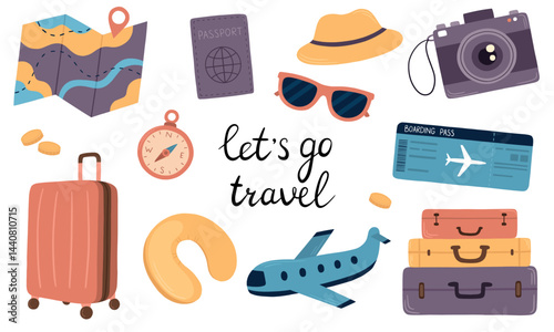 A collection of travel elements. Vector illustration in a flat style. Hand-drawn map, suitcase, airplane, compass, camera, hat, passport, boarding pass