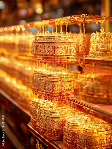 Golden Decorative Vessels Displayed on Shelves with Ornate Details
