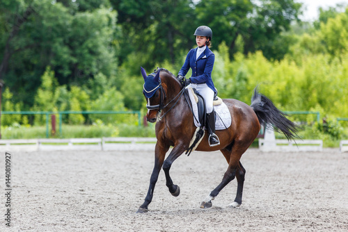 Young Equestrian Performing Dressage Test at Horse Riding Competition