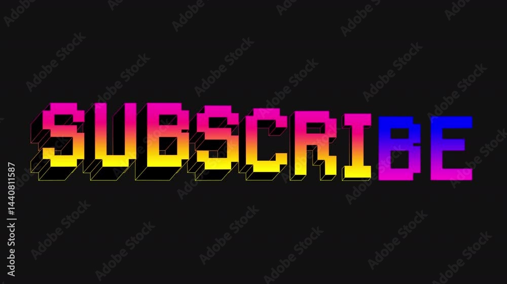 Subscribe pixel pushing banner. Neon gradient iridescent voxel block word on a transparent alpha channel. Live streaming and broadcasting social media call to action title.