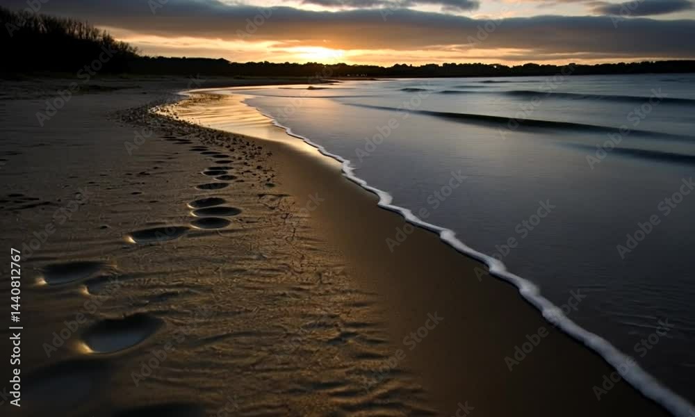 custom made wallpaper toronto digitalTranquil sunset over a serene beach with footprints leading towards the water's edge