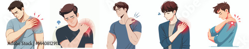 flat design vector collection of a young man suffering from shoulder pain
