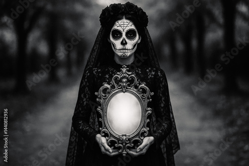 Eerie monochrome portrait: Woman with Calavera sugar skull makeup, black lace veil, and dress holds an ornate vintage mirror on a dark, wooded path.