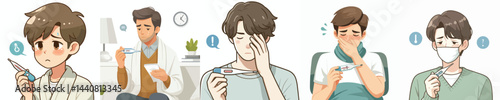 flat design vector collection of a young man with fever doing a thermometer test of body temperature