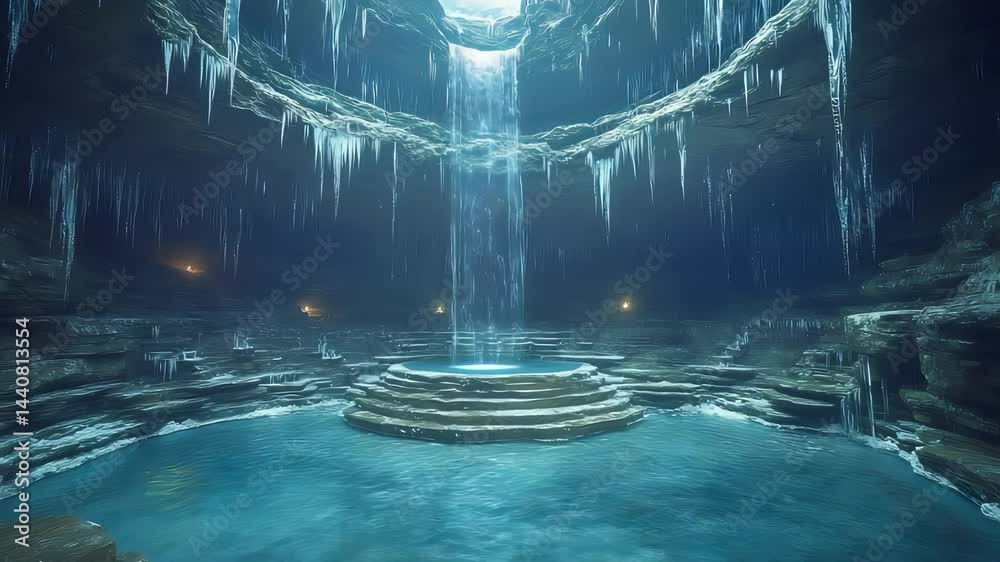 Frozen Cave with Waterfall and Ice Stalactites Above the Clear Pool in Subterranean Cave

