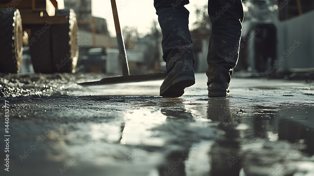 Construction Worker Walking on Wet Asphalt Construction Worker Walking on Wet Asphalt