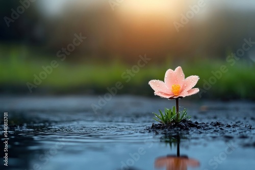 Pink flower blooming in rain puddle at twilight amidst soft sunlight