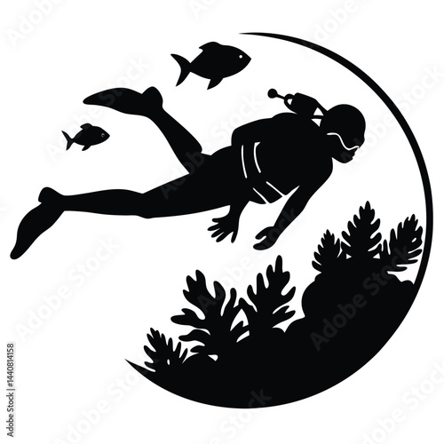 Vector Artwork of a Scuba Diver Silhouette Swimming