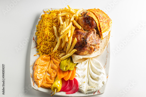 Grilled Chicken Plate with Rice, Fries, Flatbread, and Middle Eastern Appetizers Isolated on White Background


