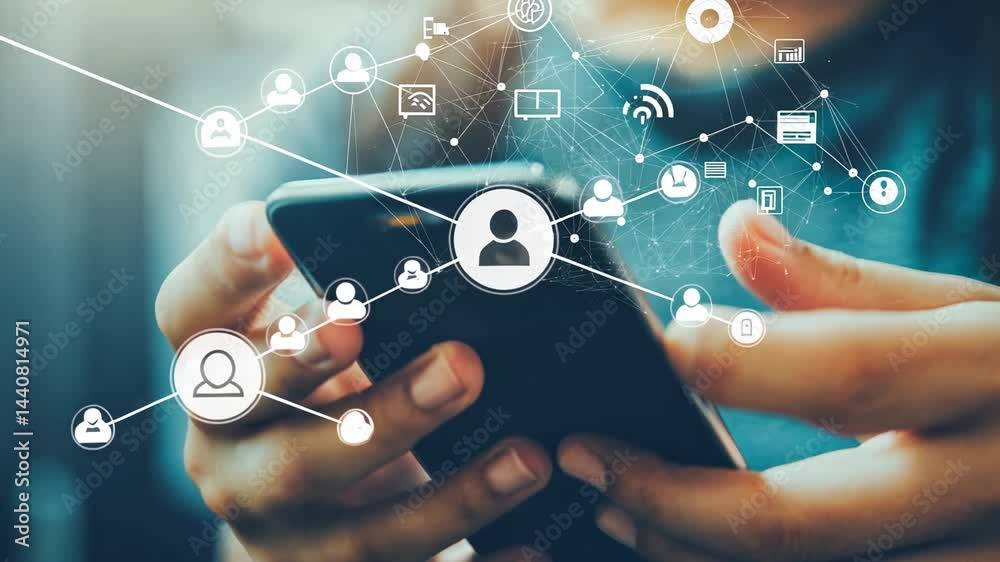Hand holding smartphone with network connection interface and social media icons showing global communication technology concept