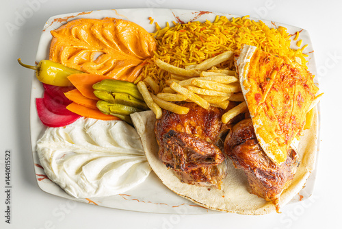 Grilled Chicken Plate with Rice, Fries, Flatbread, and Middle Eastern Appetizers Isolated on White Background

