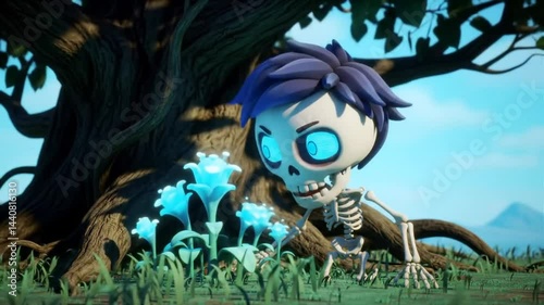 Skeleton Boy and Glowing Flowers: A whimsical 3D-rendered illustration of a friendly skeleton boy with vibrant blue eyes tending to glowing blue flowers beneath a large tree.