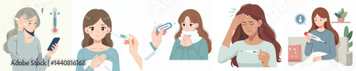 flat vector design collection of a girl who is sick with fever using a thermometer