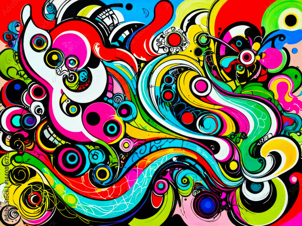 Fototapeta premium Psychedelic urban graffiti artwork with bright colors, distorted shapes, bold outlines, and fluid forms. Surreal and playful, perfect for posters, album covers, web visuals, or digital art projects.