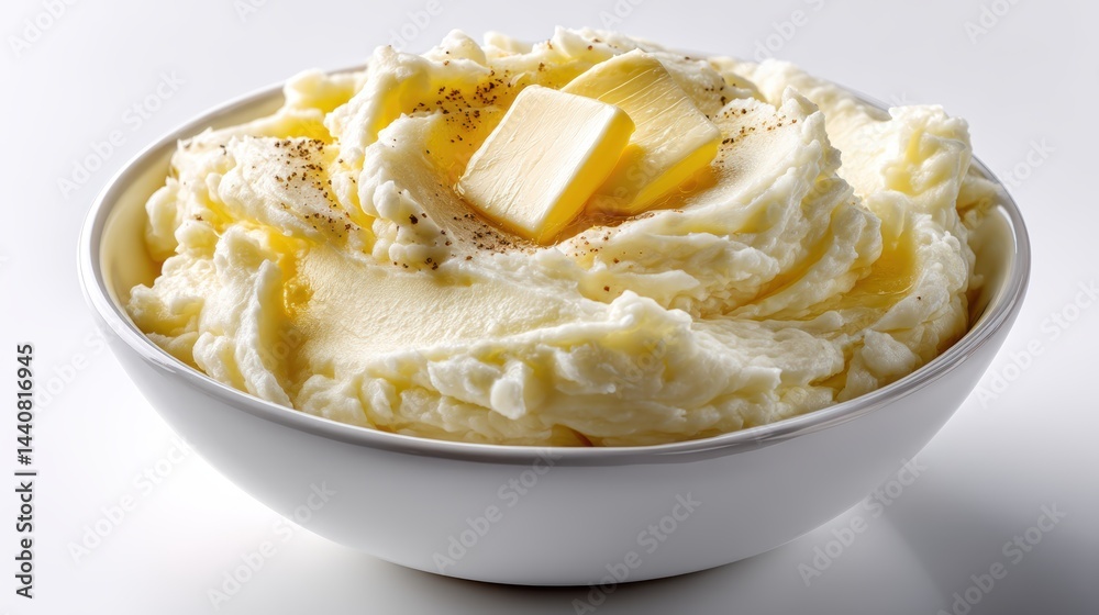 a delicious bowl of creamy mashed potatoes with a pat of butter on top on a white isolated background, comforting and rich design a delicious bowl of creamy mashed potatoes with a pat of butter on top on a white isolated background, comforting and rich design