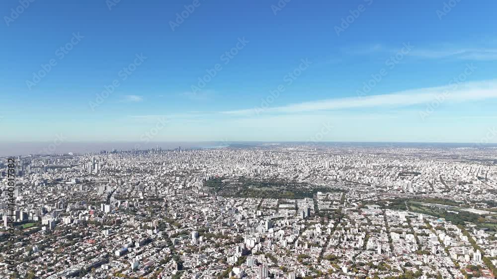 Aerial view from a drone at sunset from the neighborhood of Villa Urquiza in the city of Buenos Aires, Argentina.