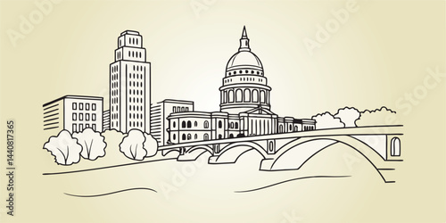 Line drawing of the Austin skyline, showcasing the Texas State Capitol and iconic bridges in a clean, continuous-line style.