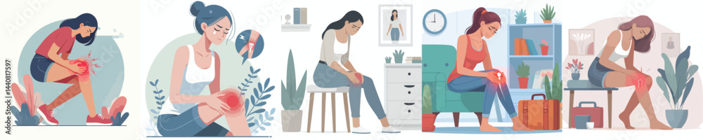 flat vector design collection of a girl having knee pain