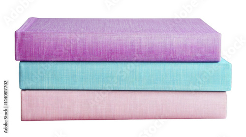 Stack of three pastel color hardcover books with visible fabric texture, creating an aesthetic scene. on a transparent background, PNG image, PNG file.