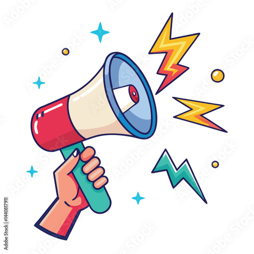 Hand holding a megaphone, announcing a message