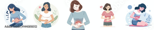 flat vector collection of designs of a girl having a stomachache