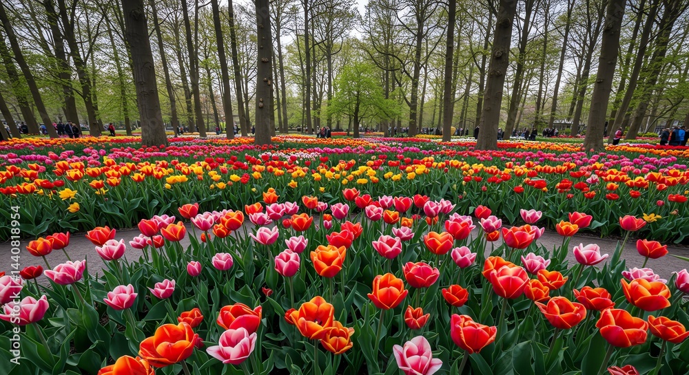 Colorful Tulips Blooming in a Garden with Tall Trees Colorful Tulips Blooming in a Garden with Tall Trees