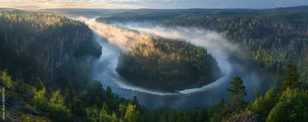 Serene river loop through misty forest landscape.